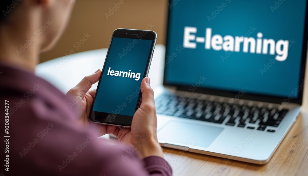 Poster hands holding smartphone with learning displayed, featuring e-learn laptop in background for educati