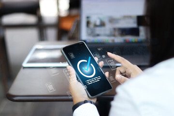 Businesswoman Take an assessment, Check list, questionnaire, evaluation, filling out an online survey form. Answer the test questions. online survey exam Choosing the right answer in the exam,