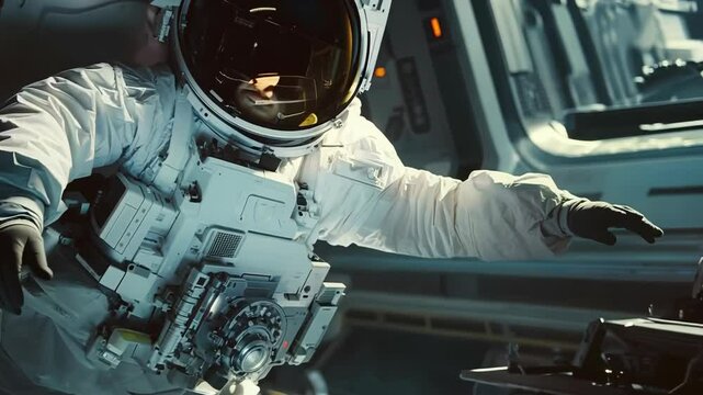 An astronaut floating inside a futuristic spaceship interior, 4k footage