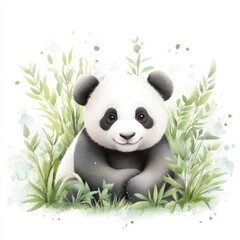 Obraz premium A cute panda sitting among green foliage, radiating joy and playfulness in a serene natural setting.