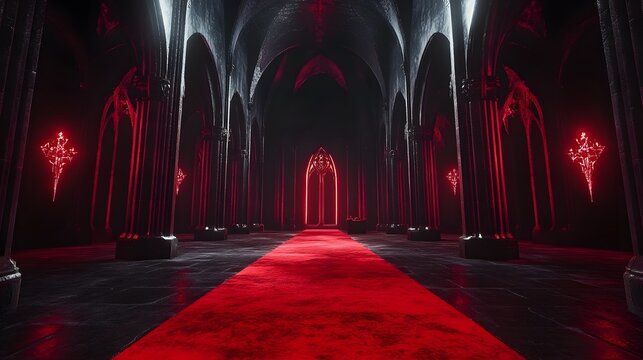 Red Carpet Entrance to Gothic Cathedral with Neon Lights