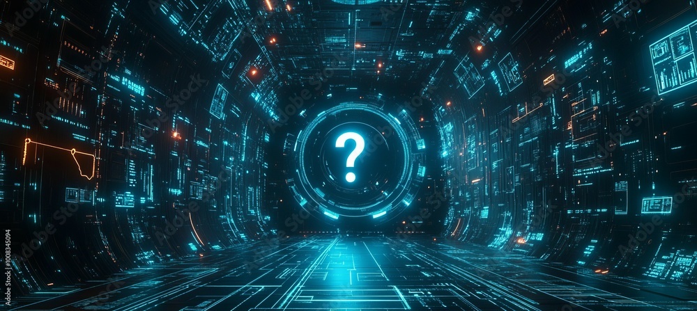 Poster Question mark portal tunnel on virtual space technology. Generative AI technology.	
