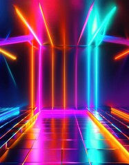 Fototapeta premium Dazzling retro disco background with vibrant neon colors and abstract patterns, perfect for digital product placement in 80s-styled designs.