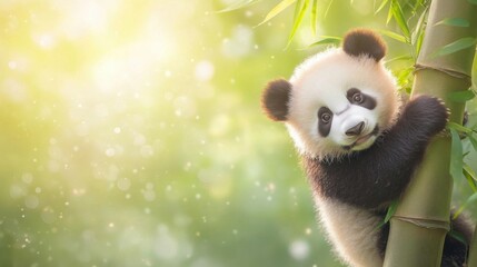 Obraz premium A cute panda cub climbs a bamboo tree, surrounded by sunlight and soft bokeh, embodying the charm of wildlife in nature.