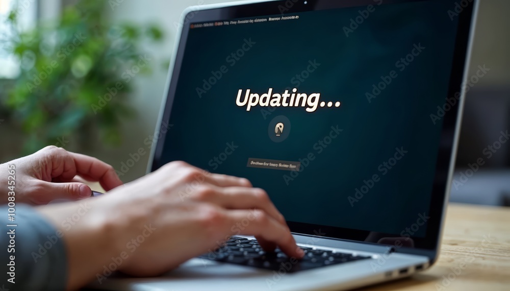 Poster person's hands typing on laptop screen displaying 'updating' text for digital workflow representatio