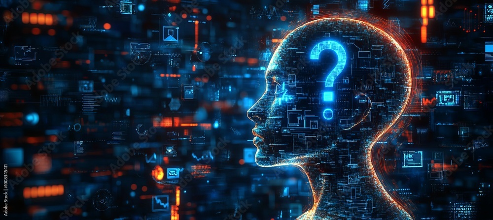 Poster Digital question mark on human head at virtual space technology. Generative AI technology.	

