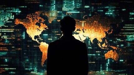 Silhouette of a person standing in front of a world map made of lights.