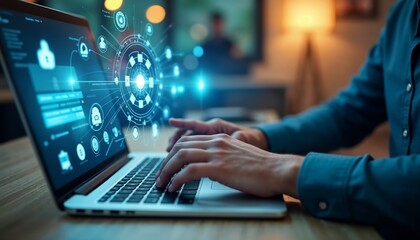 A close-up view of hands typing on a laptop featuring a futuristic user interface showcasing digital icons, perfect for tech-related projects and articles.