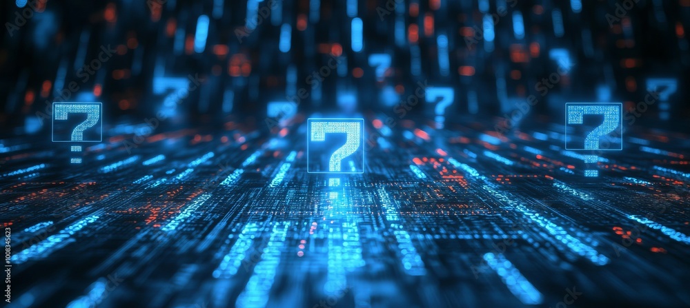Poster Digital question mark on virtual space technology. Generative AI technology.	
