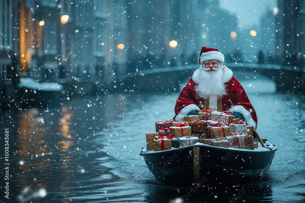 Poster Navigating Saint Nicholas Delivers Gifts along a Snowy River  