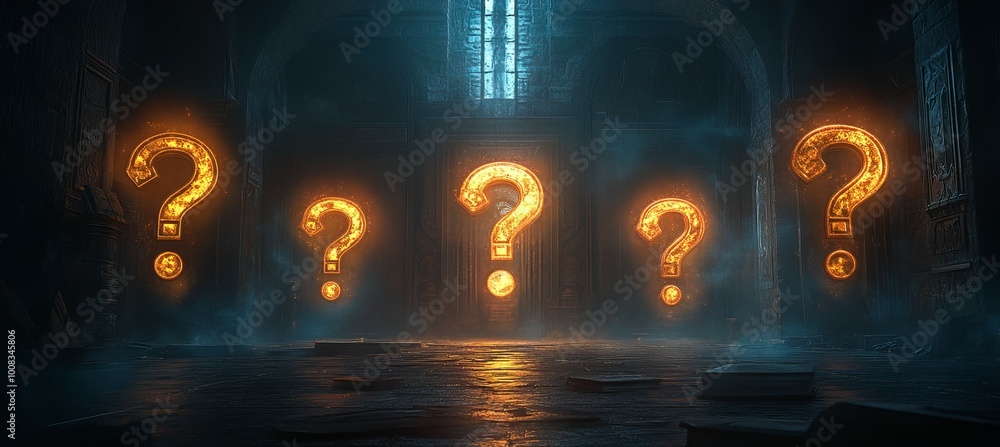 Poster Glowing orange question mark on dark room. Creative solution and critical thinking. Generative AI technology.	
