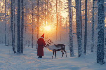 Saint Nicholas Feeding Reindeer in a Snowy Forest at Dawn  