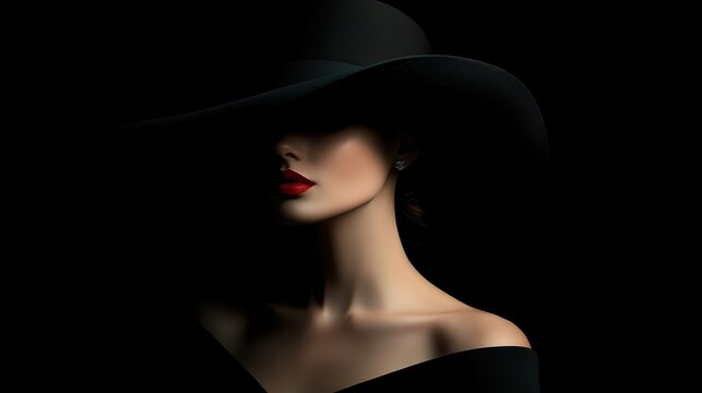 Portrait of a Beautiful Woman in a Black Dress Wearing a Big Hat in Shadows on a black background. Elegant woman with red lips. Stylish Model with hidden Face and space for text. - Powered by Adobe