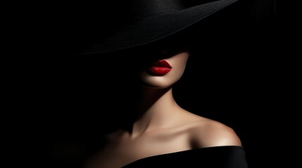 Portrait of a Beautiful Woman in a Black Dress Wearing a Big Hat in Shadows on a black background. Elegant woman with red lips. Stylish Model with hidden Face and space for text.