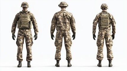 Three Soldiers in Camouflage Uniforms Facing Different Directions