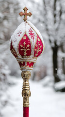 Fototapeta premium Detailed Close-Up of Saint Nicholas' Miter and Staff in Snowy Setting