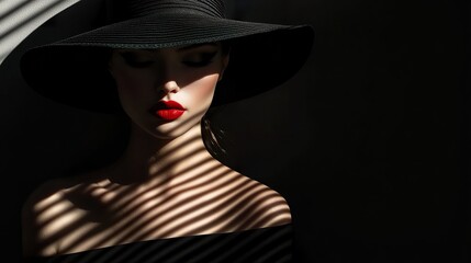 Portrait of a Beautiful Woman in a Black Dress Wearing a Big Hat in Shadows on a black background. Elegant woman with red lips. Stylish Model with hidden Face and space for text.