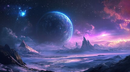 A blue planet hangs in a purple starry sky over a cold alien landscape.