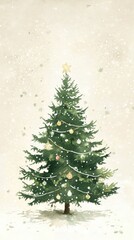 A serene winter scene featuring a beautifully decorated evergreen tree glistening with ornaments beneath gently falling snowflakes during the festive season