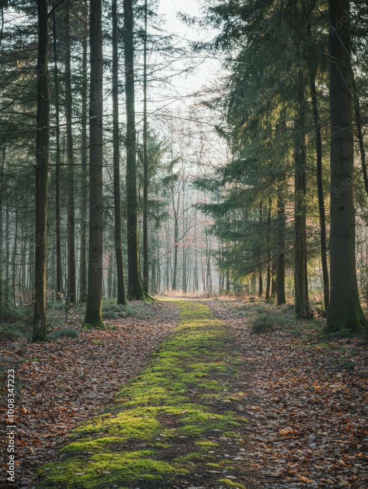 Poster a path winds through a forest, sunlight filtering through the trees.