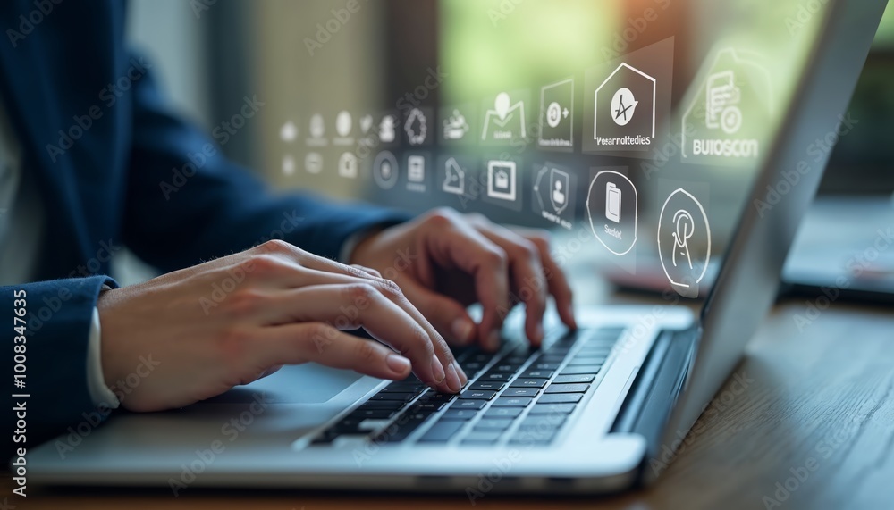 Aufkleber a person's hands typing on a laptop keyboard with colorful icons and symbols on the screen – ideal f
