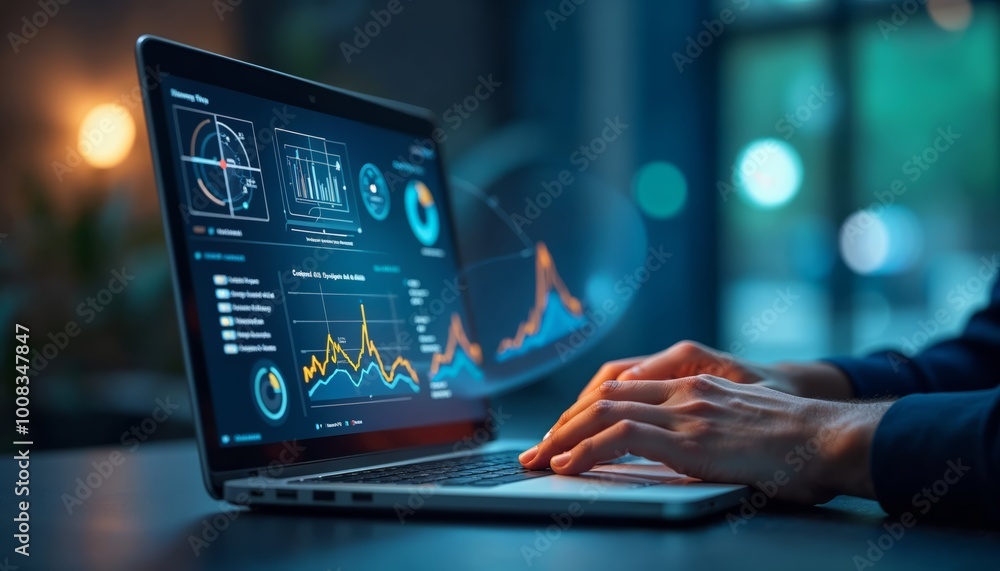 Poster hands typing on laptop with financial dashboard for data analysis and decision making