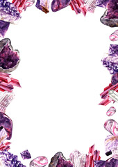 Amethyst Crystal, Amethyst, Gemstones, vertical frame, watercolor painting hand-drawn