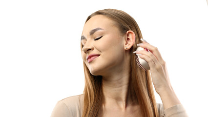 Obraz premium Woman's face, close-up, on a white background