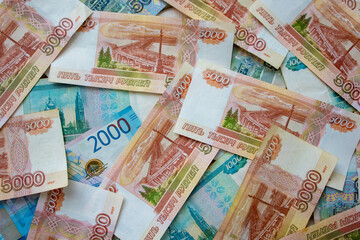 The currency of Russia. Close-up of Russian rubles. Financial thought. Background and texture of...