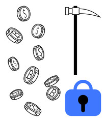 Various Bitcoin coins scattered around with a pickaxe and a padlock, representing cryptocurrency mining, digital security, and blockchain technology. Ideal for digital currencies, cryptocurrency