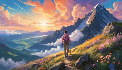 Obraz premium hikers or climber on sunset mountain landscape illustration background