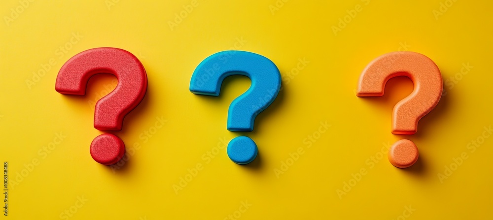 Poster Question mark on yellow background. Creative solution and critical thinking. Generative AI technology.	
