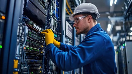 Technician working on server equipment in a data center.