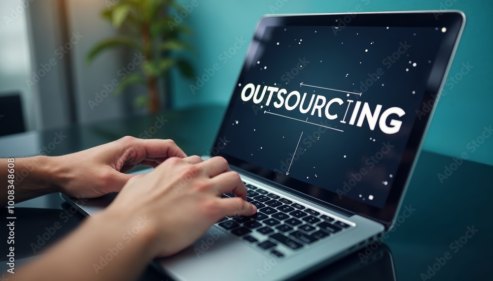 Poster hands typing on a laptop displaying outsourcing for business and work efficiency context
