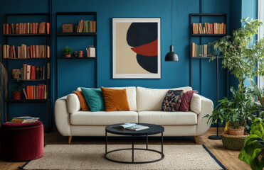 A living room with blue walls, a white sofa, and a round coffee table, decorated in a colorful style, featuring an empty frame on the wall