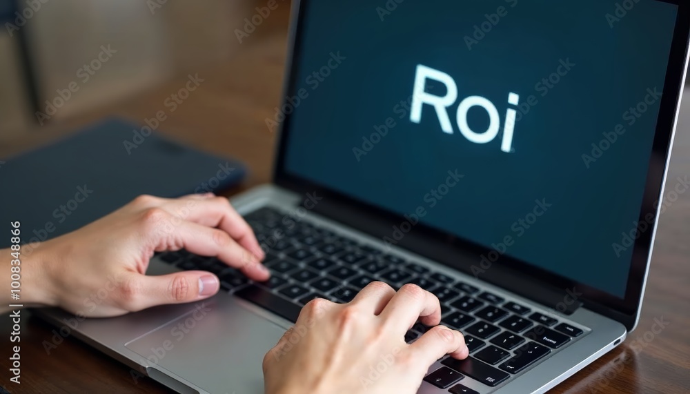 Poster close-up of hands typing on a laptop with roi displayed for business analysis and performance tracki