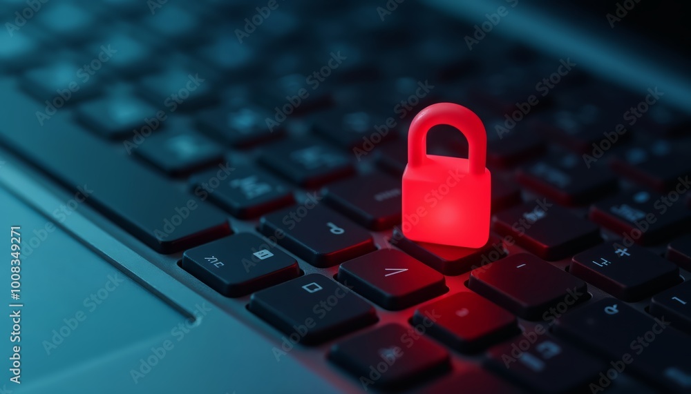 Poster red padlock icon on dark computer keyboard symbolizing online security and privacy