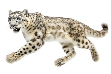 Snow leopard in mid-leap with striking spotted fur on a white background.