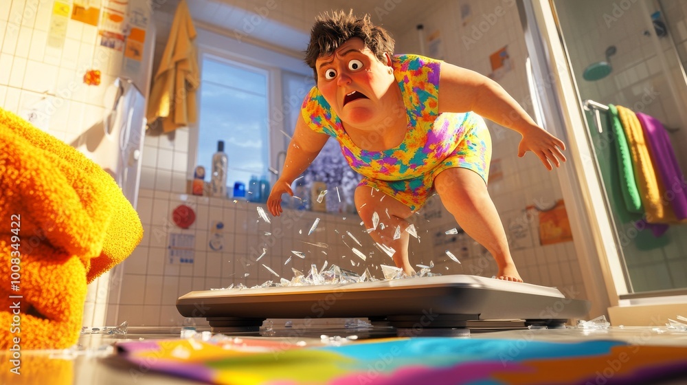 Poster a humorous and exaggerated scene of a cartoon-style character, shocked as they stand on a bathroom s