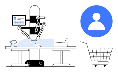 Robotic arms performing surgery on a patient lying on an operating table with a medical monitor in the background. Nearby are user profile and shopping cart symbols. Ideal for healthcare, technology