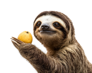 Sloth holding a fruit, white isolated background