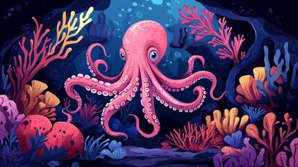 A pink octopus with large eyes swims through a coral reef.