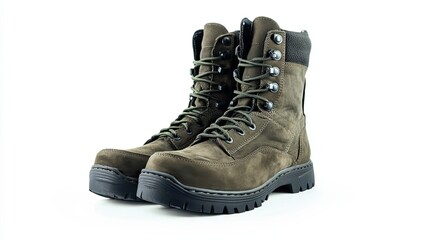Pair of Olive Green Leather Hiking Boots with Black Laces