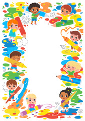 Group of children draw big art together with large art supplies. Colorful cartoon characters. Template for advertising brochure. Ready for your message.