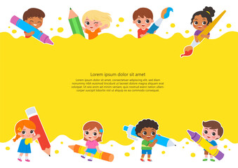 Back to School. Happy school kids draw big art together with large art supplies. Template for advertising brochure. Children look up with interest. Ready for your message.