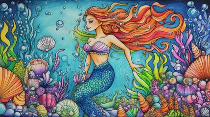 A colorful illustration of a mermaid swimming in the ocean surrounded by seaweed, shells, and bubbles.