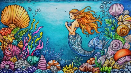 Obraz premium Colorful Mermaid with Sea Shells and Coral Illustration.