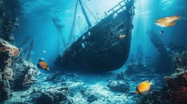 An old shipwreck lies on the ocean floor, with colorful fish swimming around it.