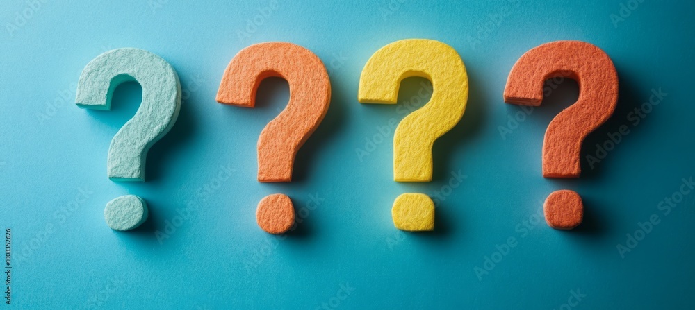 Poster four question mark sign on blue background. creative solution and critical thinking. generative ai t