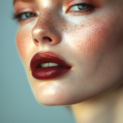 Fototapeta premium A close-up of the face and neck area, highlighting smooth skin with glossy lips, showcasing cosmetic effects for beauty advertising or magazine cover.